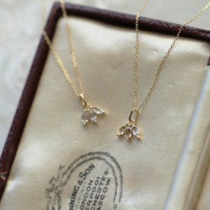 14k Gold Three Marquise Diamond Necklace, Flower Petal Diamond Necklace Gifts
